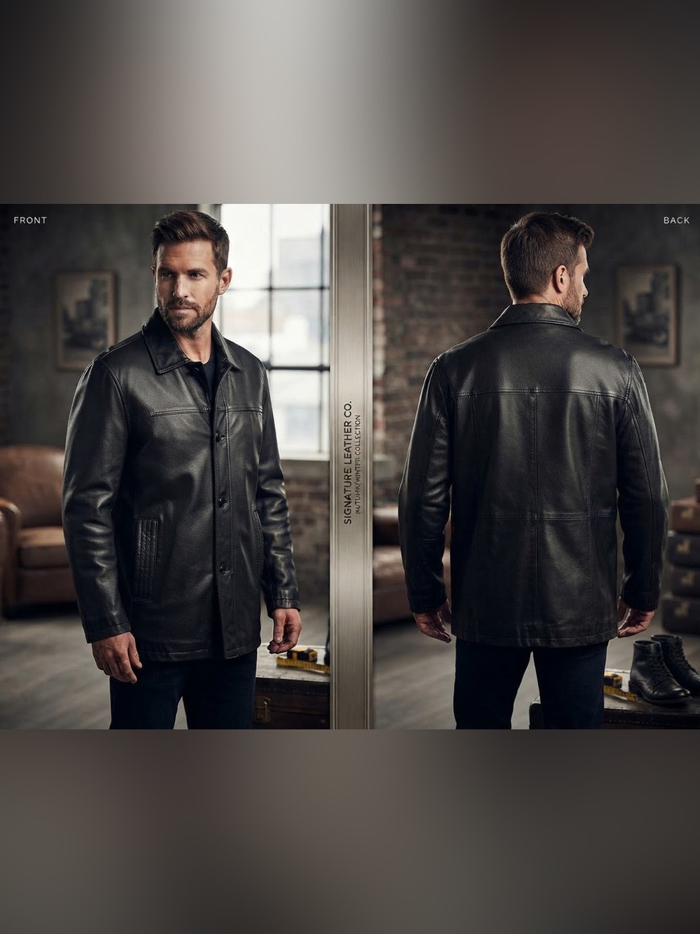 Men's Black Leather Button-Front Coat Premium Men's Black Leather Coat Warm Wint